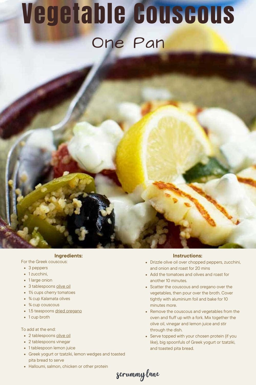 A pin for Pinterest with an image of vegetable couscous on it with the recipe written below.