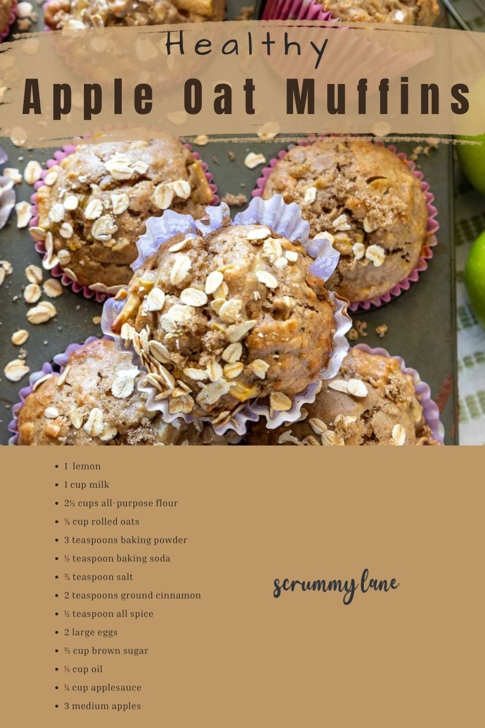 A Pinterest pin with an image of healthy oat muffins with all the ingredients listed below.