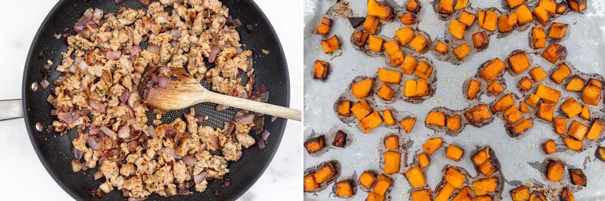 A collage of two images showing broken up sausage and onions in a frying pan with a wooden spoon, and then roasted butternut squash cubes.