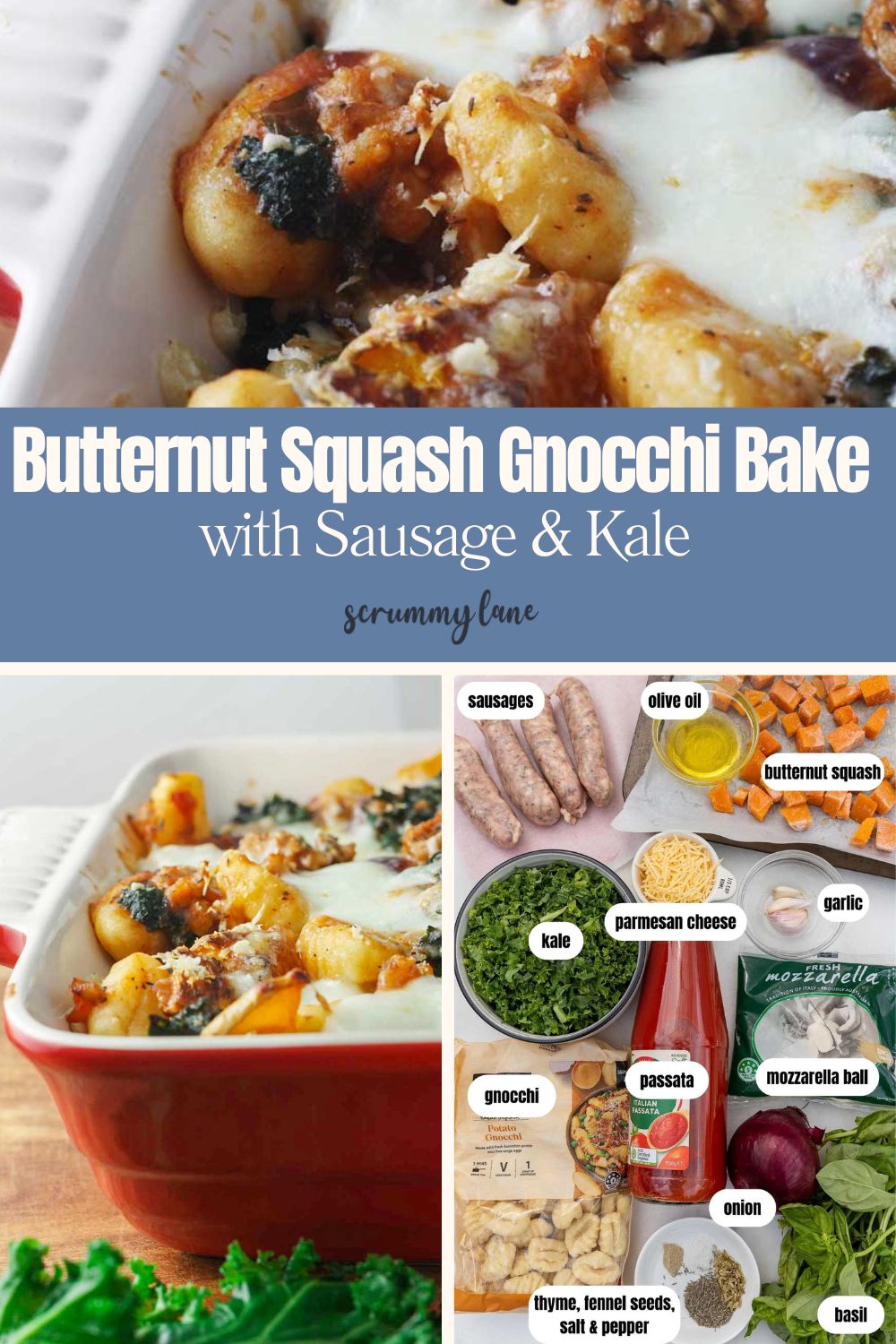 A collage of three images showing a butternut sausage gnocchi bake together with labelled ingredients and a title.