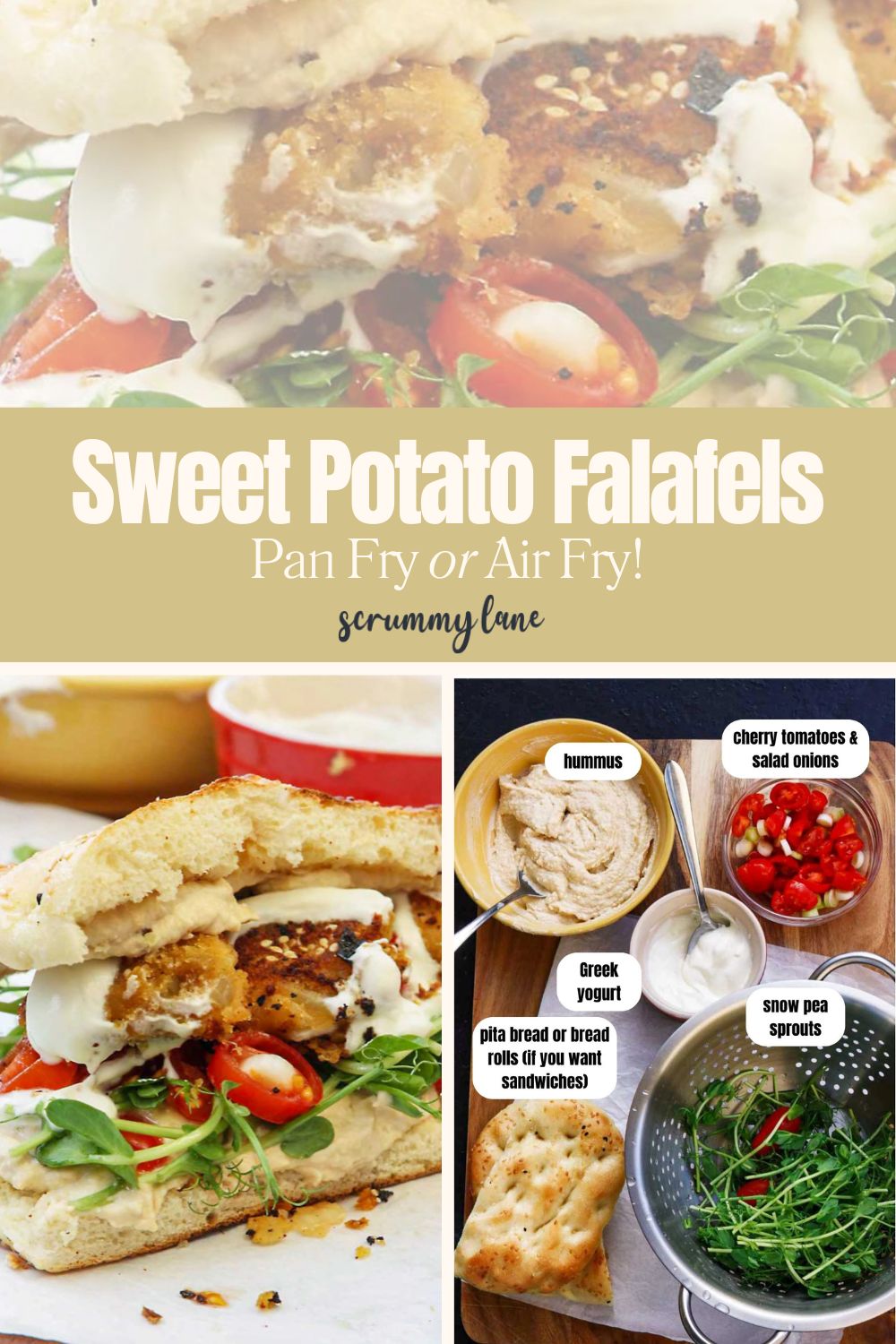 A collage of three images showing sweet potato falafel sandwiches with a labelled ingredients shot and a title.
