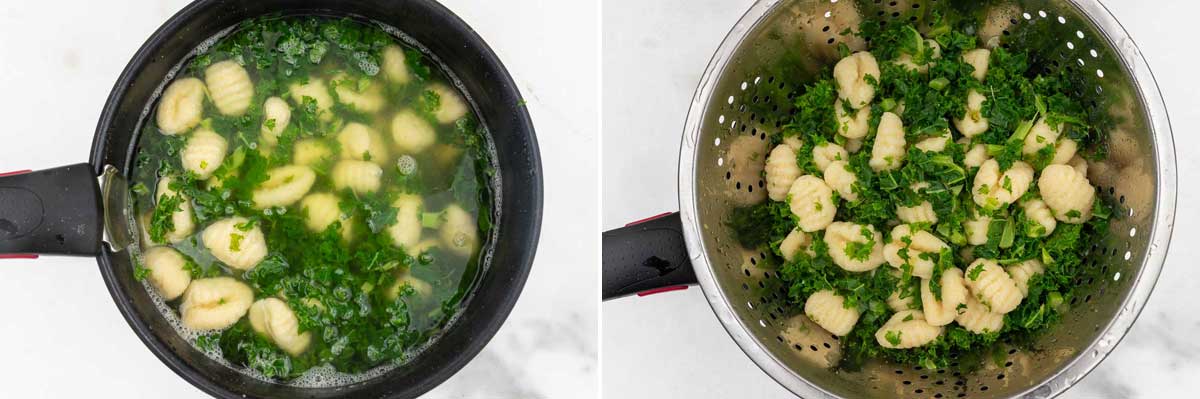 A collage of two images showing gnocchi and kale in a saucepan of water, and then drained into a colander.