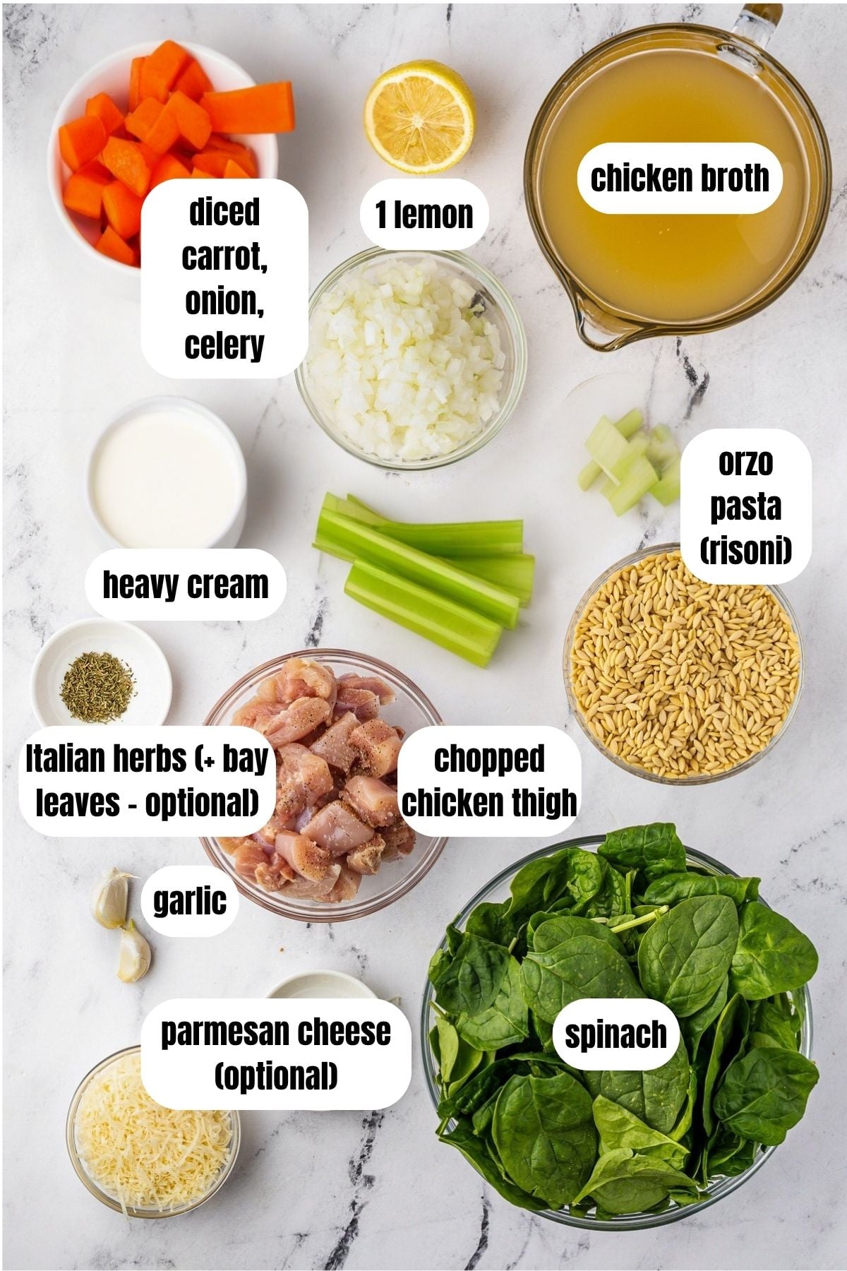 Collage of all the ingredients needed to make a creamy lemon chicken orzo soup labelled, including orzo, chicken, spinach, carrots, celery, onion, herbs, parmesan, lemon, broth, garlic and cream.
