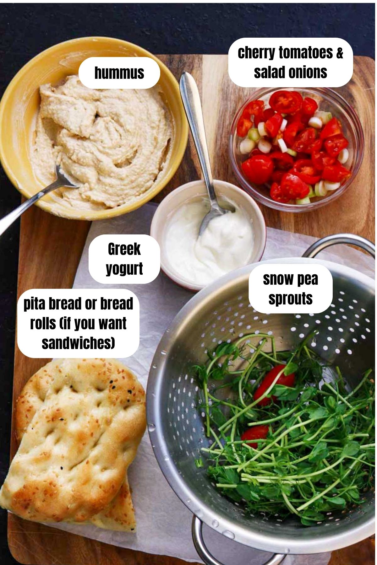 All the ingredients needed to add to a sweet potato falafel sandwich including pita bread, bean shoots, hummus, cherry tomatoes and green onions, and Greek yogurt.