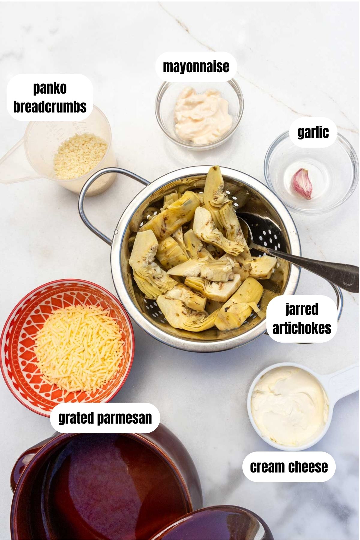 A collage of labelled ingredients including marinated artichokes, cream cheese, mayonnaise, grated parmesan, garlic and panko breadcrumbs.