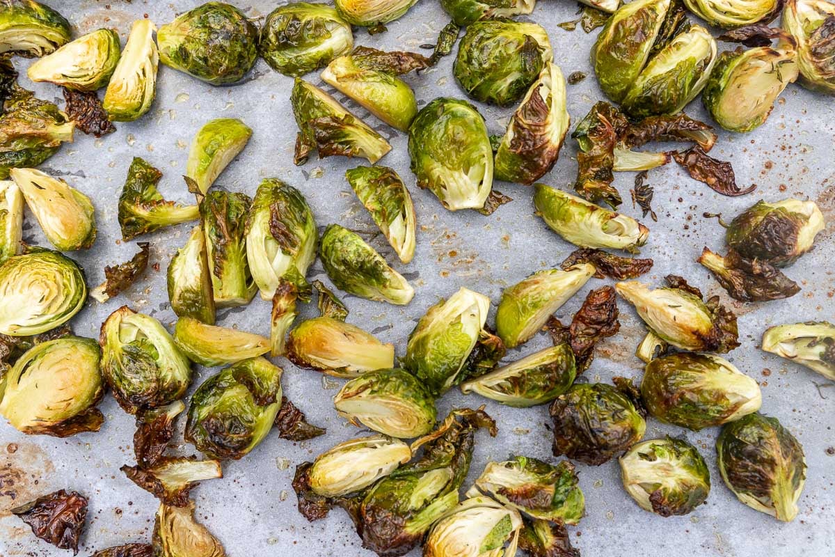 Overhead view of the crispy roasted vegetables just out of the oven.