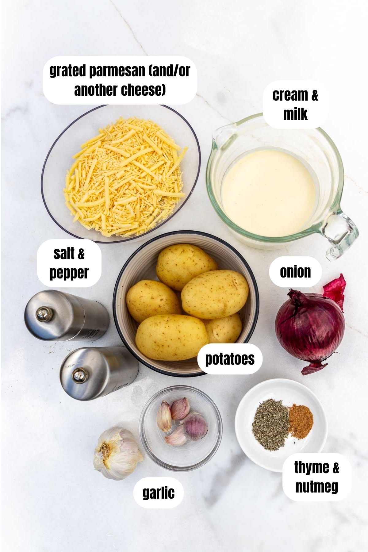 Overhead view of all the ingredients needed to make a creamy potato dauphinoise, labelled, including potatoes, grated cheese, milk and cream, thyme and nutmeg, garlic, onion, and salt and pepper.