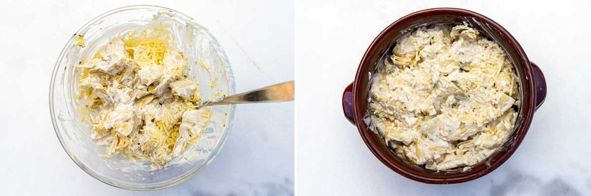A collage of two images showing creamy cheesy artichokes in a glass bowl with a spoon, and then in a small ceramic dish.