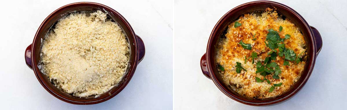 A collage of two images showing creamy artichokes with panko crumbs on top, and then after being cooked with parsley on top.