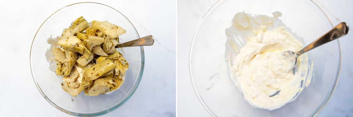 A collage of two images showing marinated artichokes in a glass bowl, and then another glass bowl with cream cheese and mayonnaise in it.