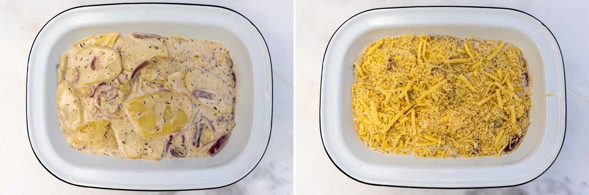 A collage of two images showing sliced potatoes and red onions and thyme in a creamy mixture of cream and milk, then with a layer of grated cheese on top.
