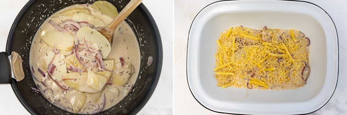 A collage of two images showing cream, onion and sliced potato mixture, and then with a layer of it in a baking dish with grated cheese on top.