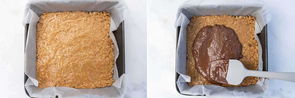 A collage of 2 images showing peanut butter crunch in a square pan, and then with a spatula spreading chocolate on top.