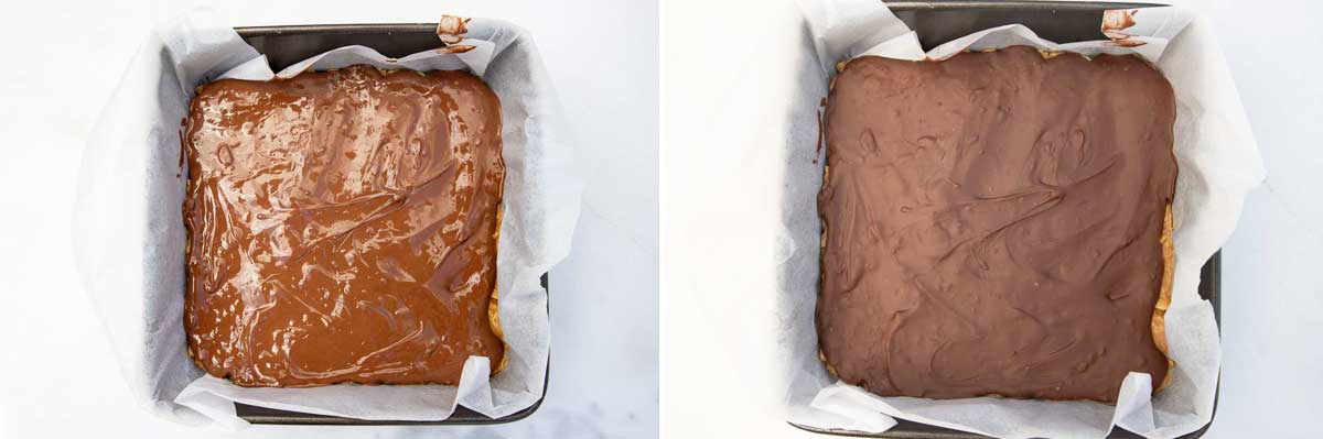 Collage of 2 images showing chocolate on top of peanut butter bars in a square lined pan, and then with the chocolate set.