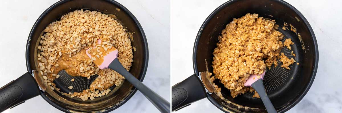 A collage of 2 images showing a mixture of peanut butter, melted butter and honey in a saucepan with rice krispies and a spatula, and then with the rice krispies mixed in.