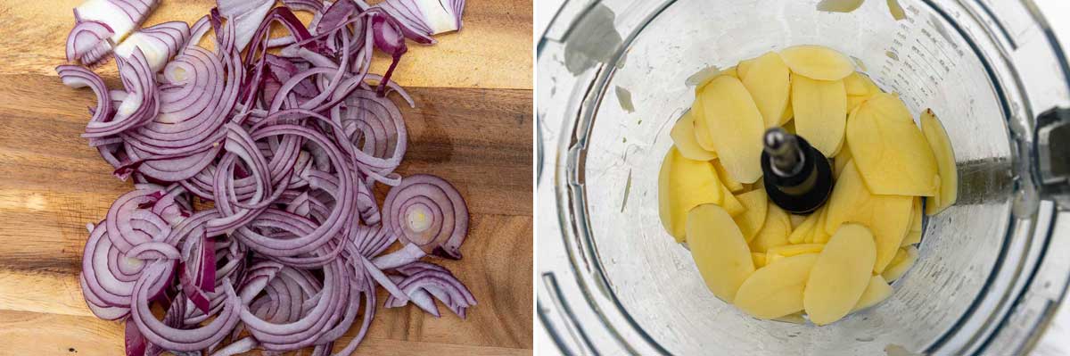 A collage of two images showing sliced red onions on a wooden chopping board, and thinly sliced potatoes in a food processor.