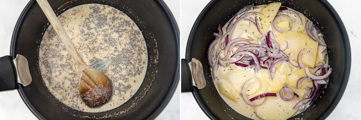 A collage of two images showing cream and thyme in a saucepan with a wooden spoon, and then with sliced potatoes and red onions added to the pan.