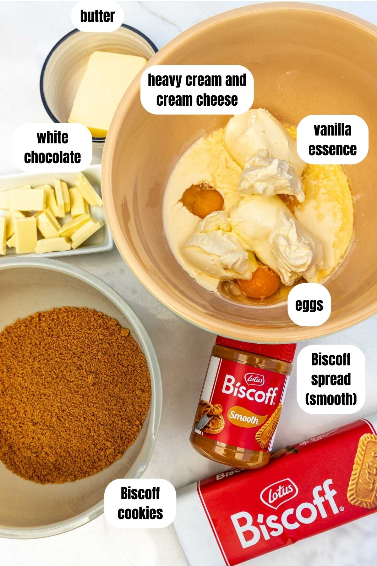 All ingredients needed to make the Biscoff cheesecake labelled, including biscoff cookies and spread, butter, cream cheese, heavy cream, vanilla, and white chocolate.