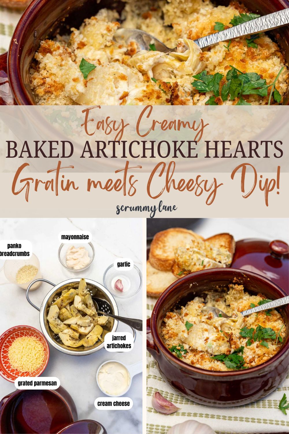 A collage of 3 images showing the artichokes in a dish, the ingredients needed, and another image of the artichokes in a dish, with a title for Pinterest.
