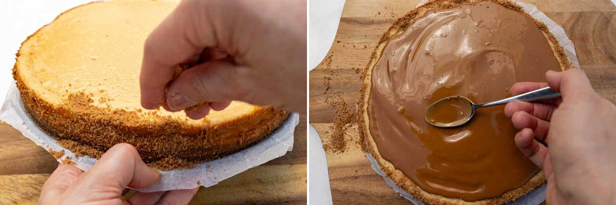 A collage of two images showing a closeup of someone's hands sprinkling biscoff crumbs around the edge of a cheesecake, and then spreading melted biscoff spread on top.