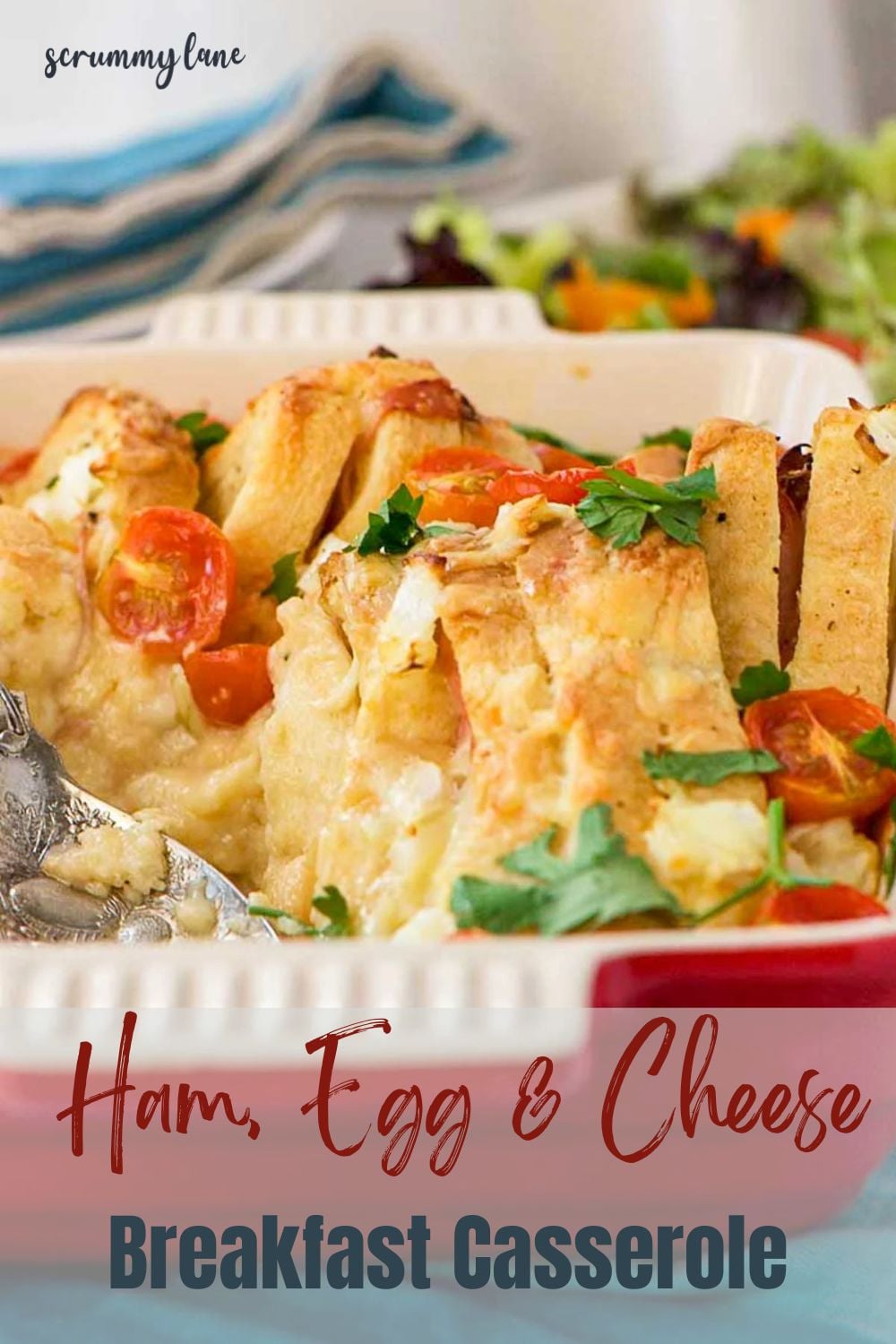 A pin showing a closeup of a spoon in the breakfast casserole, with a title on it for Pinterest.