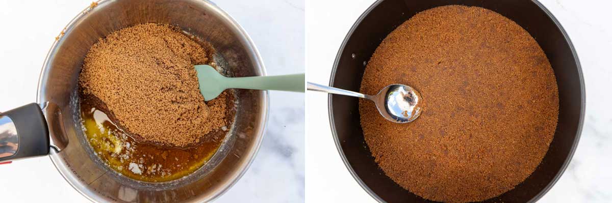 A collage of two images showing ingredients for the cheesecake crust in a saucepan with a spatula, then mixed and flattened down in a springform pan with a metal spoon.