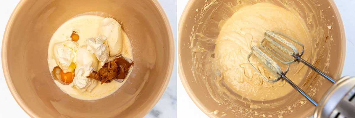 A collage of two images showing all the ingredients needed to make creamy cheesecake filling in a bowl, and then being whisked with a handheld whisk.