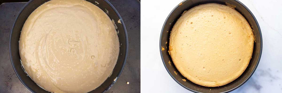 A collage of two images showing cheesecake from above ready to be baked in a springform pan, then after baking.
