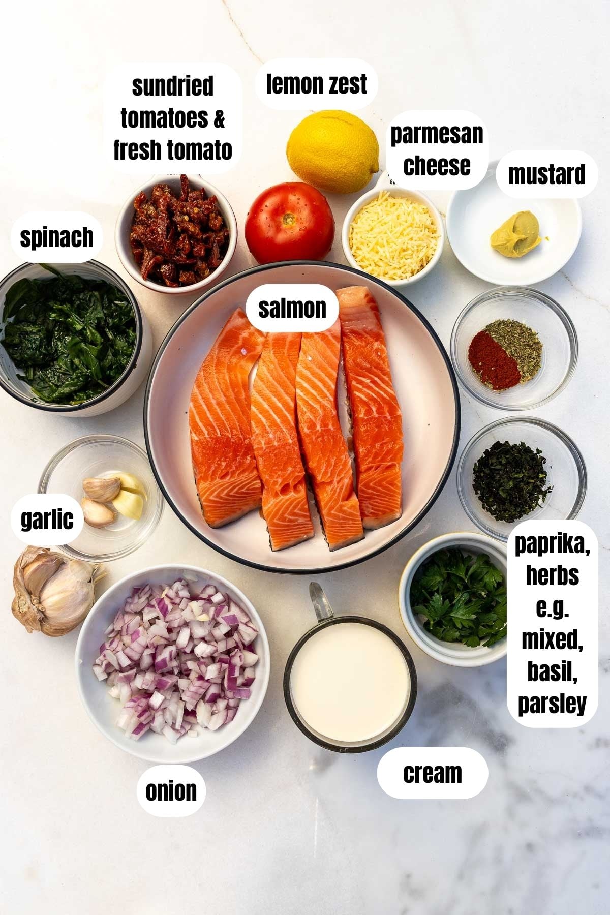 All the ingredients needed to make Tuscan salmon, labelled, including fresh salmon, cream, sundried tomatoes, fresh tomatoes, herbs and paprika, spinach, mustard, parmesan, lemon zest, and garlic.