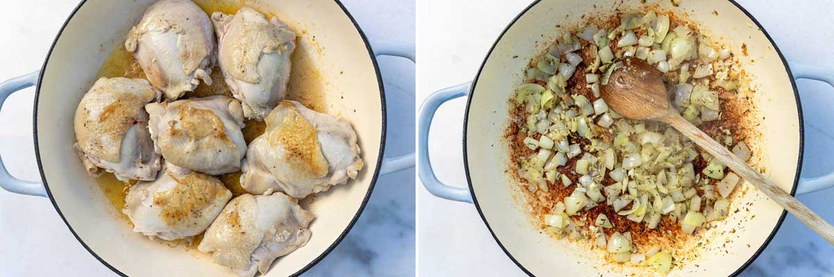 Collage of two images showing browned chicken in a cast iron pan, then cooked onions in the pan with a wooden spoon.