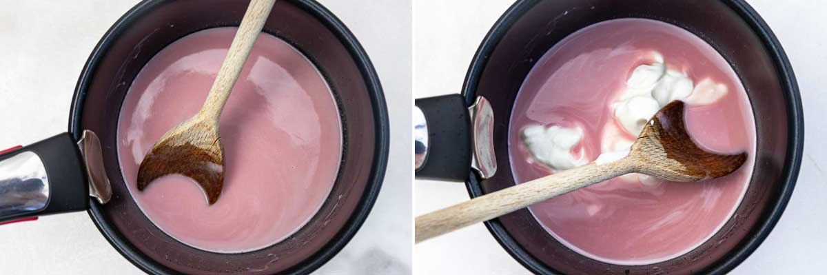 A collage of two images showing the cream and jell-o mixture in a saucepan with a spoon, and then with spoonfuls of Greek yogurt added.