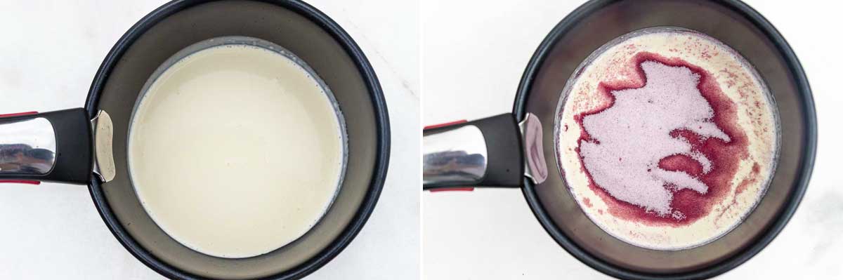 A collage of two images showing heavy cream in a saucepan, and then with raspberry Jell-O powder added.