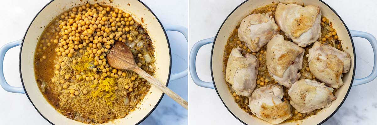 Collage of two images showing ingredients in a cast iron pan including chicken broth, orzo and chickpeas, and then with bone-in skin-on chicken thighs on top.
