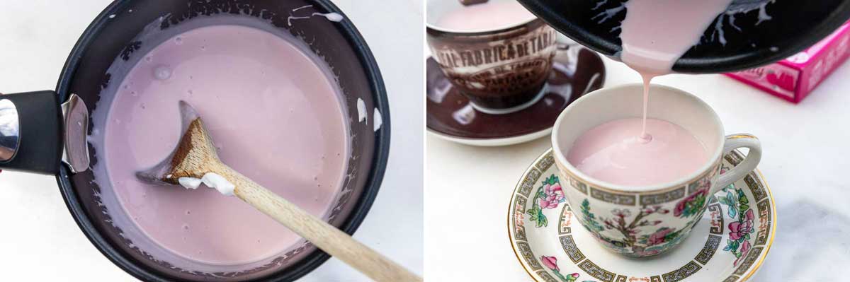 A collage of two images showing Greek yogurt panna cotta mixture in a small saucepan with a wooden spoon, and then someone pouring it into a nice teacup.