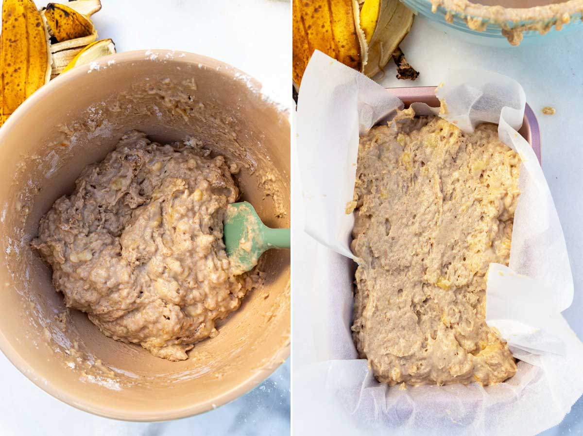 A collage of two images showing banana bread mixture in a mixing bowl with a spatula, and then with the mixture spread in a lined loaf pan.