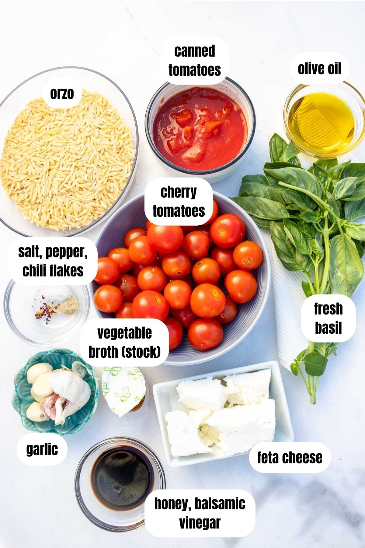 All the ingredients to make tomato orzo, labelled, including dry orzo pasta, honey, balsamic vinegar, feta cheese, garlic, vegetable broth, fresh basil, cherry tomatoes, olive oil, canned tomatoes and salt, pepper and chili flakes.