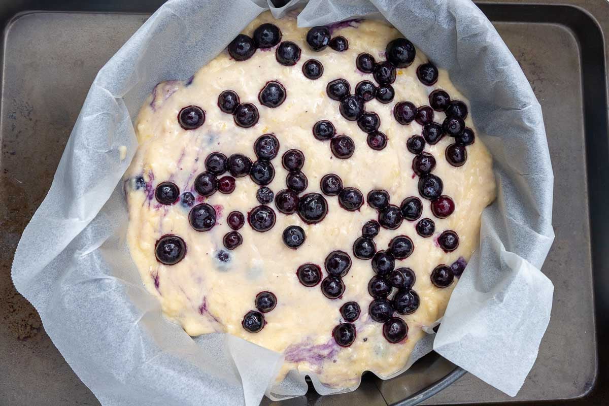 The top of the cake batter studded with blueberries just before going in the oven.