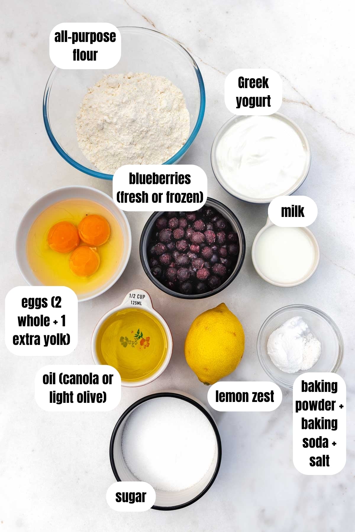 An overhead view of all the ingredients needed to make the cake, labelled, including blueberries, yogurt, baking soda, baking powder, salt, sugar, milk, flour, oil, eggs, and a lemon.